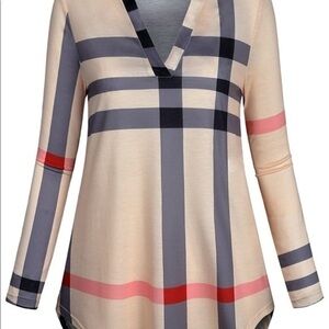 Womens 3/4 Roll Sleeve Shirt Plaid Tunic Blouse